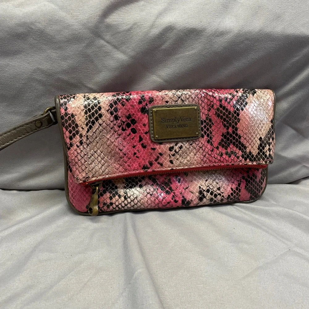 Simply Vera Vera Wang Pink Snakeskin Foldover Wristlet Clutch Bag Brass Hardware